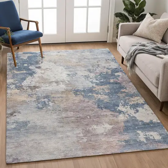Blue And Beige Abstract Washable Indoor Outdoor Area Rug Photo 5