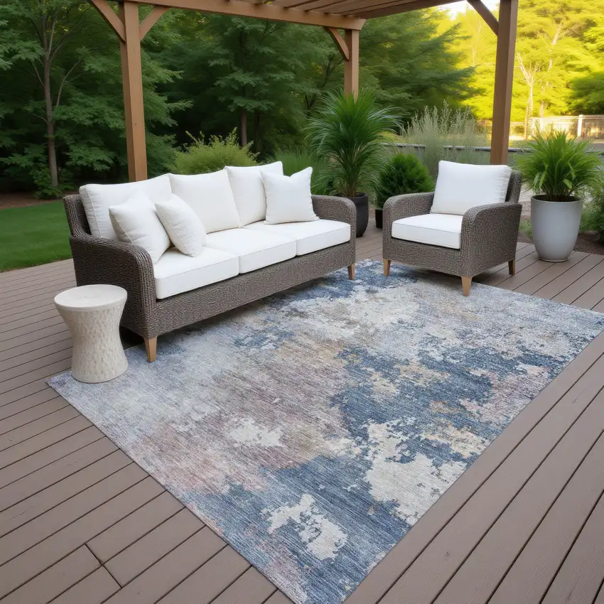 Blue And Beige Abstract Washable Indoor Outdoor Area Rug Photo 7