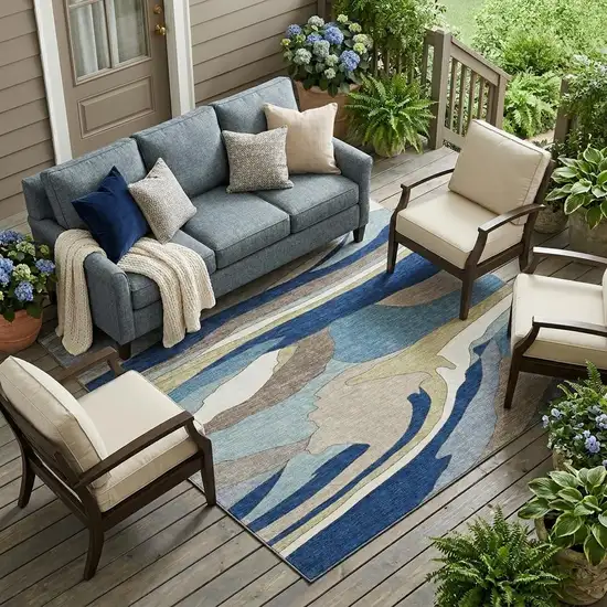 Blue And Beige Abstract Washable Indoor Outdoor Area Rug Photo 1