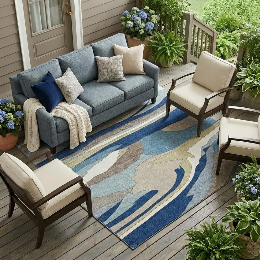 Blue And Beige Abstract Washable Indoor Outdoor Area Rug Photo 1