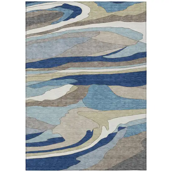 Blue And Beige Abstract Washable Indoor Outdoor Area Rug Photo 2