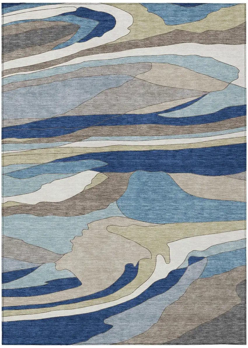 Blue And Beige Abstract Washable Indoor Outdoor Area Rug Photo 2