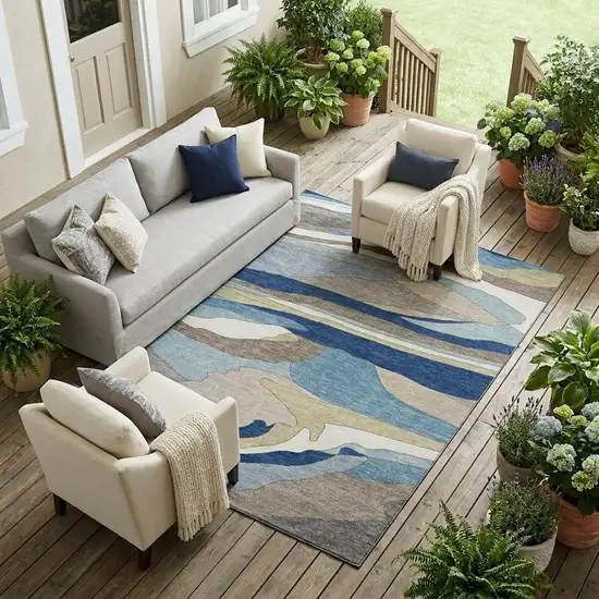 Blue And Beige Abstract Washable Indoor Outdoor Area Rug Photo 1