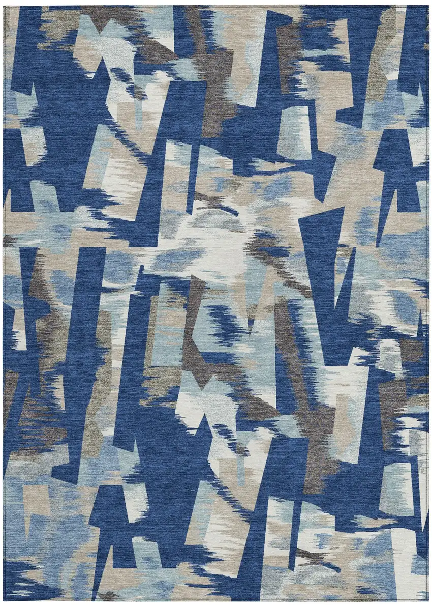 Blue And Beige Abstract Washable Indoor Outdoor Area Rug Photo 4