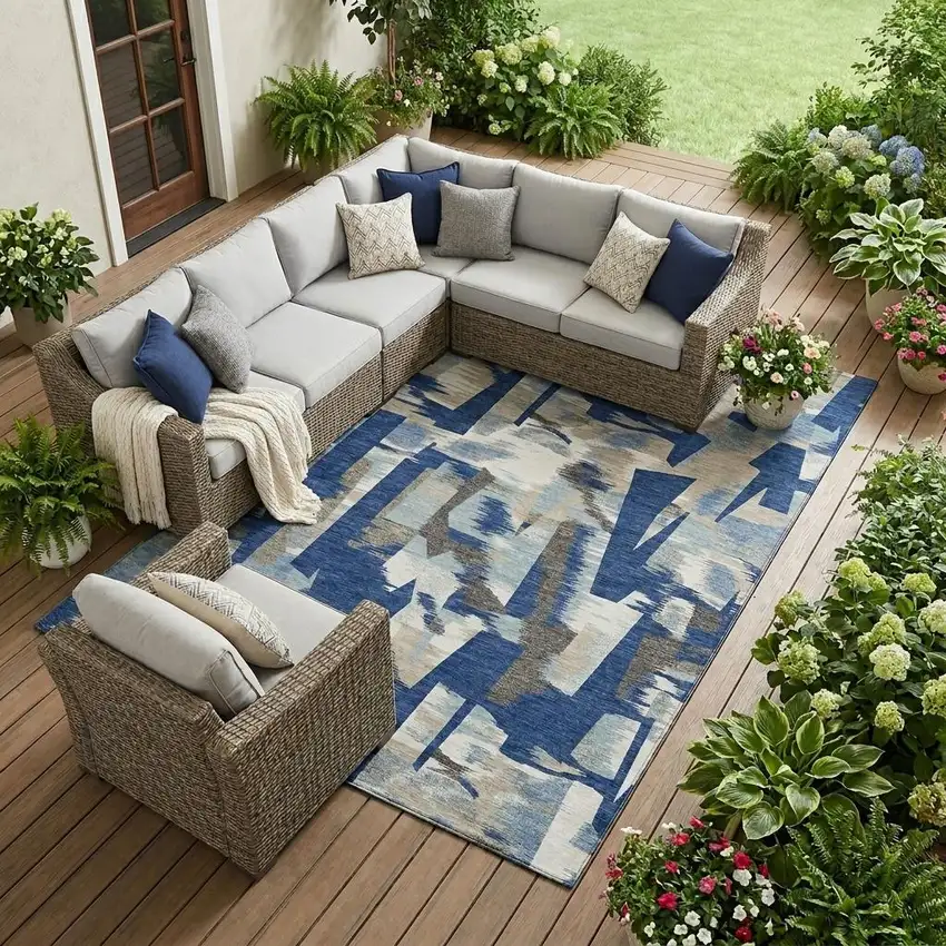 Blue And Beige Abstract Washable Indoor Outdoor Area Rug Photo 1