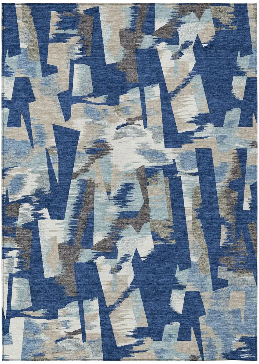 Blue And Beige Abstract Washable Indoor Outdoor Area Rug Photo 3