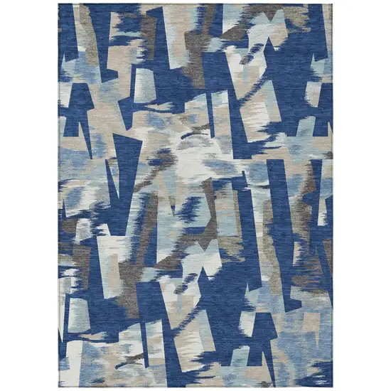 Blue And Beige Abstract Washable Indoor Outdoor Area Rug Photo 3
