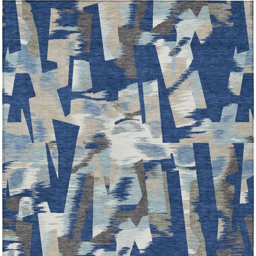 Blue And Beige Abstract Washable Indoor Outdoor Area Rug Photo 5