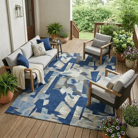 Blue And Beige Abstract Washable Indoor Outdoor Area Rug Photo 1