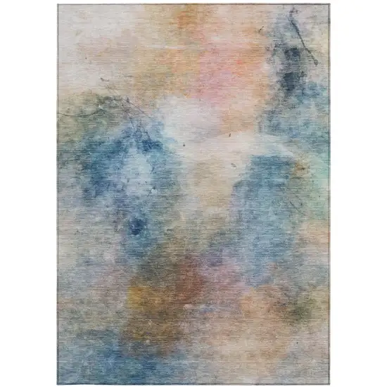 Blue And Beige Abstract Washable Indoor Outdoor Area Rug Photo 1
