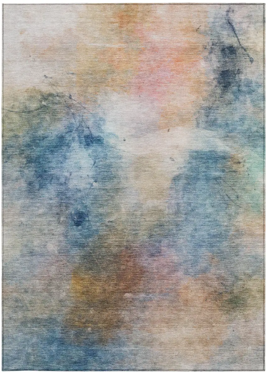 Blue And Beige Abstract Washable Indoor Outdoor Area Rug Photo 1