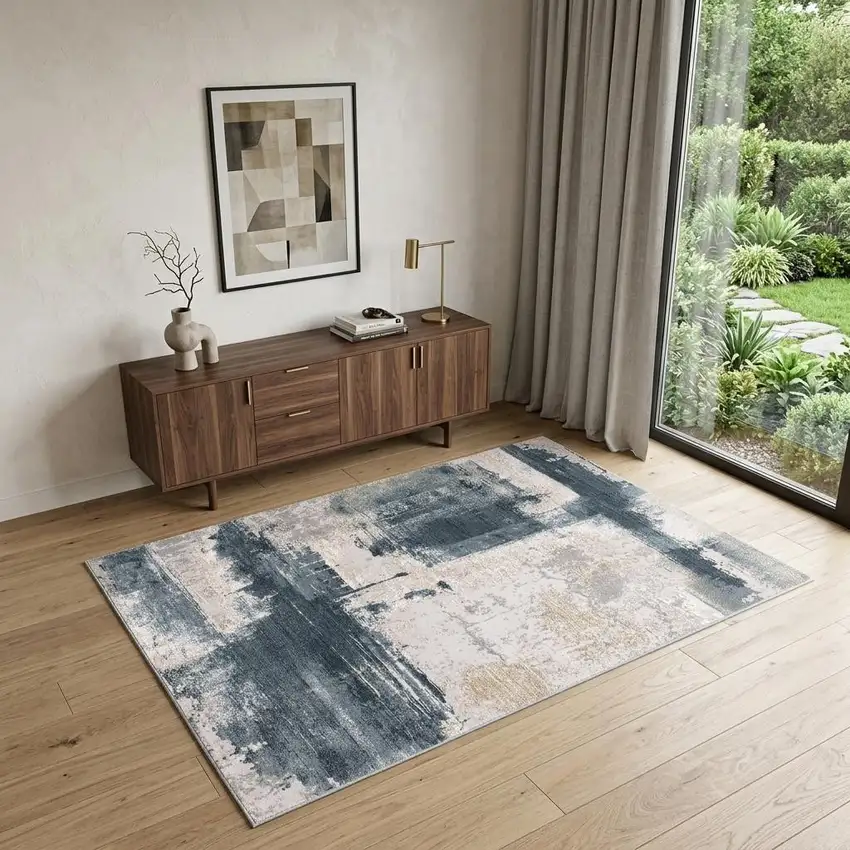 Blue And Beige Abstract Washable Area Rug Photo 1