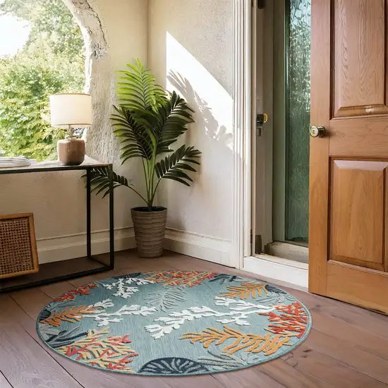 Blue And Beige Coral Round Rug Photo 6