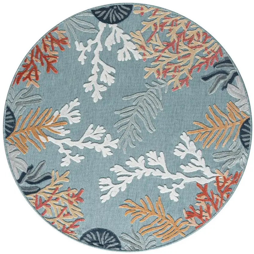 Blue And Beige Coral Round Rug Photo 2