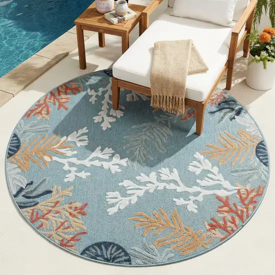 Blue And Beige Coral Round Rug Photo 7