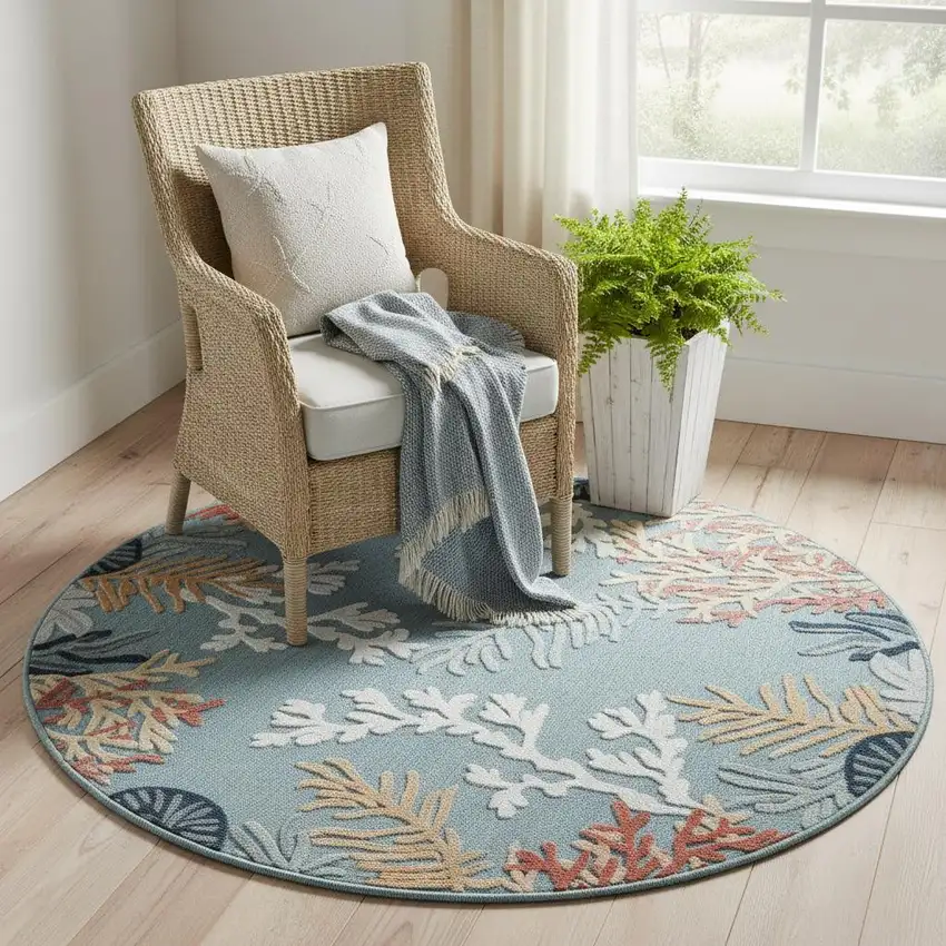 Blue And Beige Coral Round Rug Photo 1