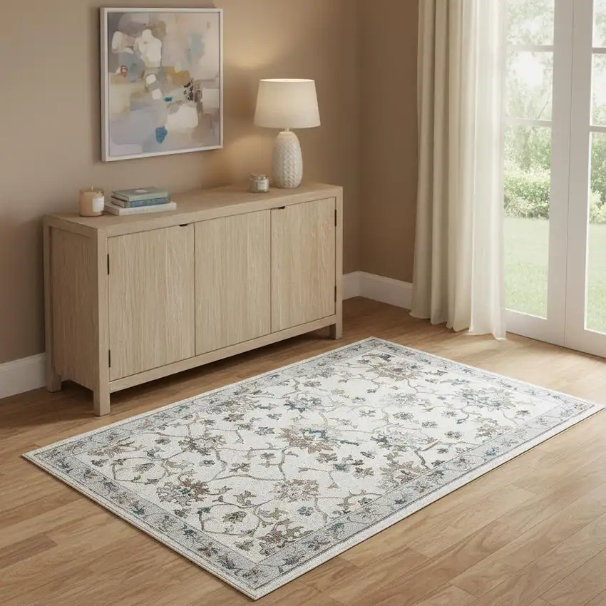 Blue And Beige Floral Area Rug Photo 1