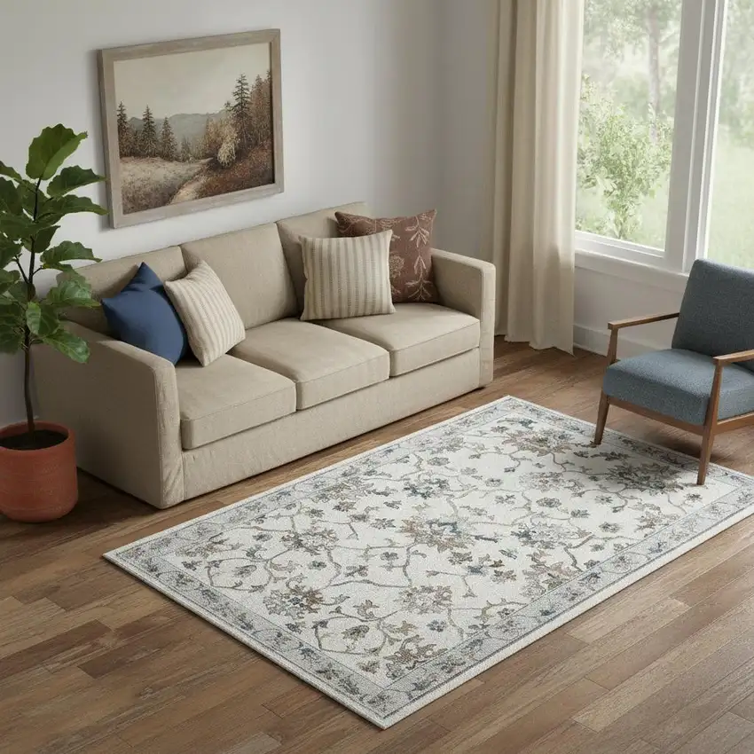 Blue And Beige Floral Area Rug Photo 1