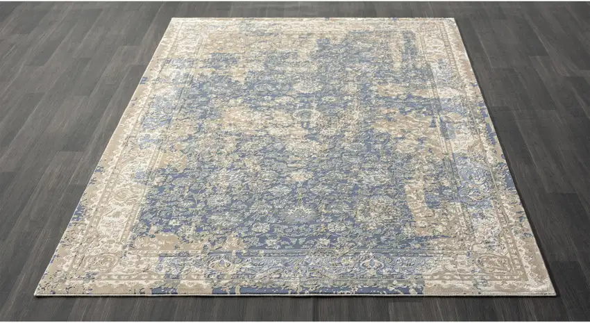 Blue And Beige Floral Square Rug Photo 5