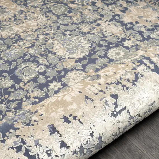 Blue And Beige Floral Square Rug Photo 7