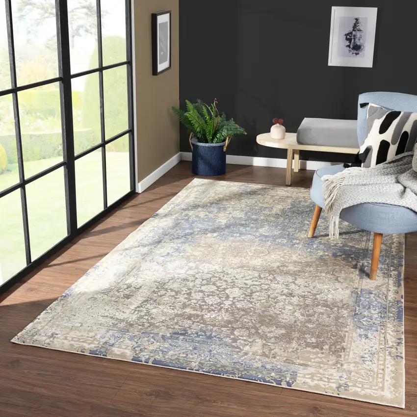 Blue And Beige Floral Square Rug Photo 4