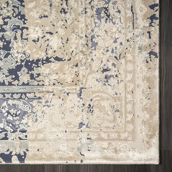 Blue And Beige Floral Square Rug Photo 8