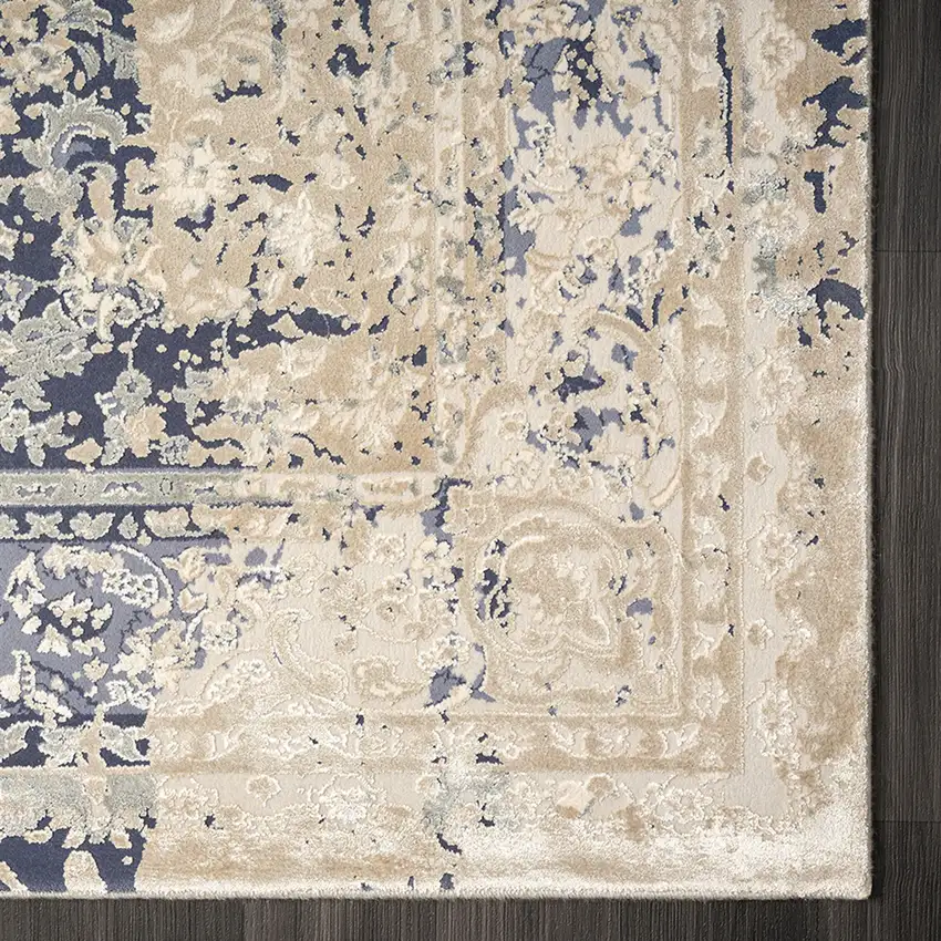Blue And Beige Floral Square Rug Photo 8