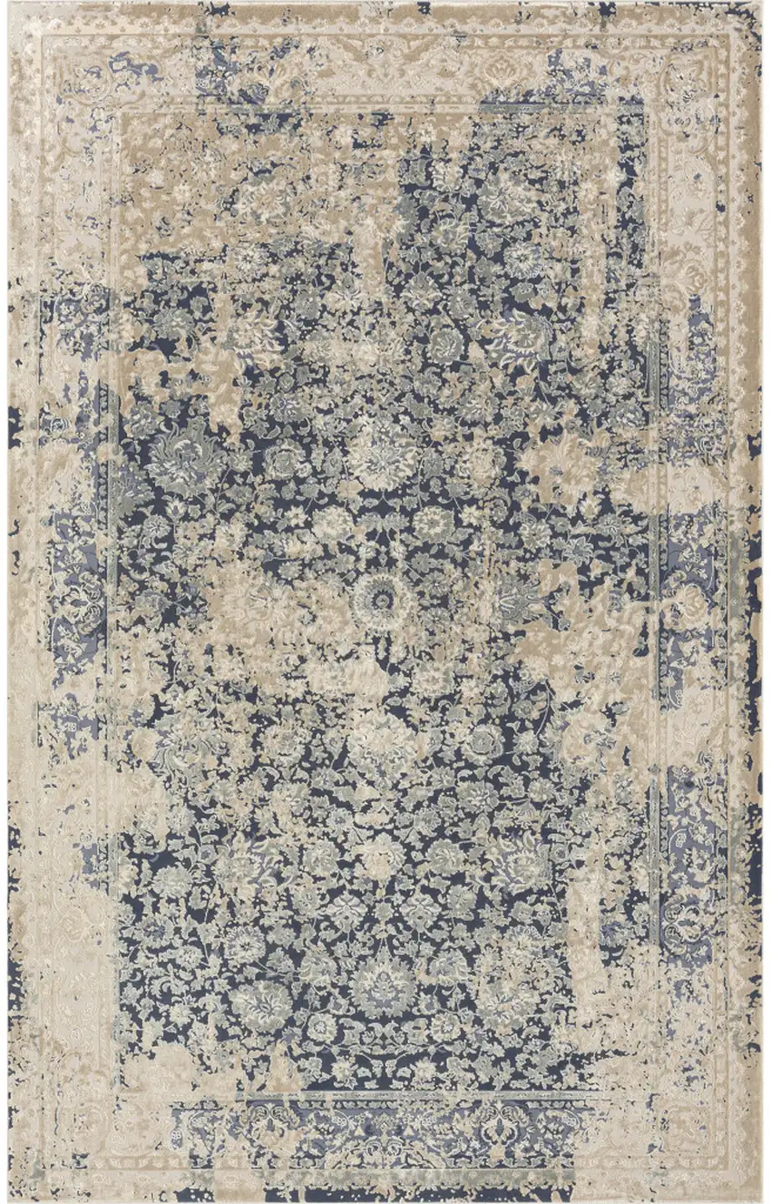 Blue And Beige Floral Square Rug Photo 2