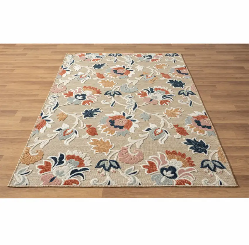 Blue And Beige Floral Stain Resistant Indoor Outdoor Area Rug Photo 7
