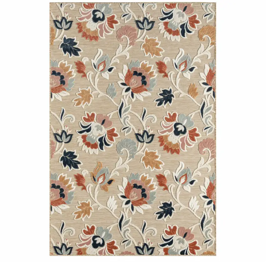 Blue And Beige Floral Stain Resistant Indoor Outdoor Area Rug Photo 1