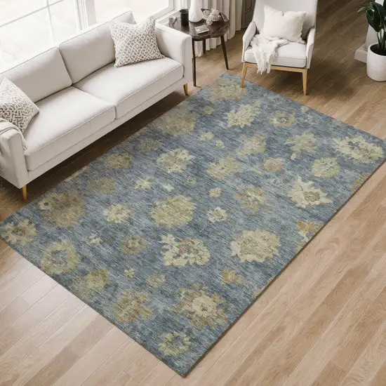 Blue And Beige Floral Washable Indoor Outdoor Area Rug Photo 8