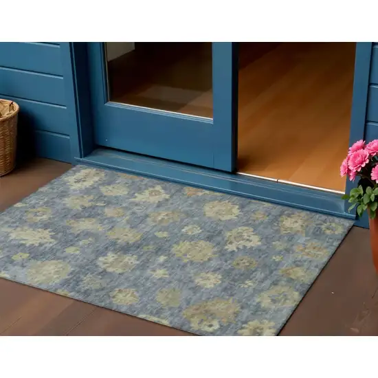 Blue And Beige Floral Washable Indoor Outdoor Area Rug Photo 1