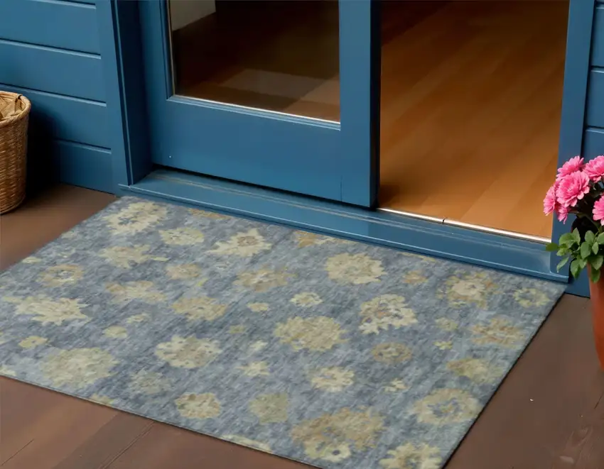 Blue And Beige Floral Washable Indoor Outdoor Area Rug Photo 1