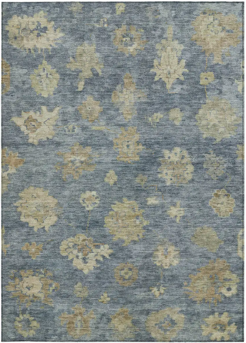 Blue And Beige Floral Washable Indoor Outdoor Area Rug Photo 5