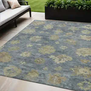 Photo of Blue And Beige Floral Washable Indoor Outdoor Area Rug