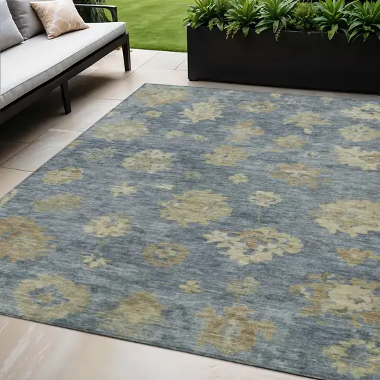 Blue And Beige Floral Washable Indoor Outdoor Area Rug Photo 1
