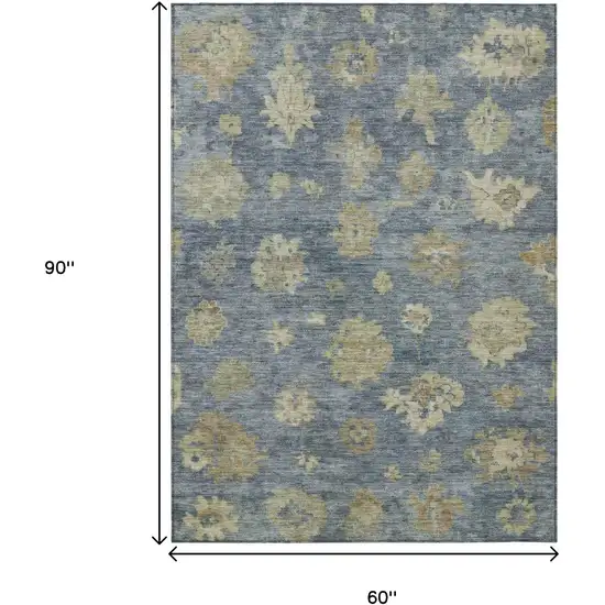 Blue And Beige Floral Washable Indoor Outdoor Area Rug Photo 3