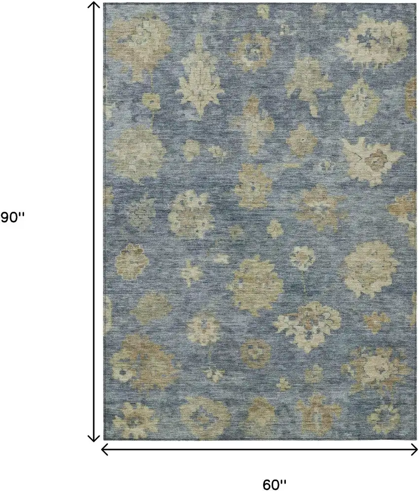 Blue And Beige Floral Washable Indoor Outdoor Area Rug Photo 3