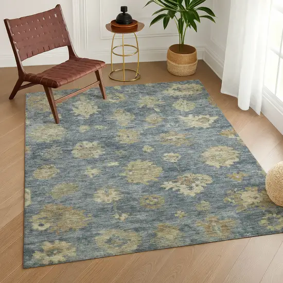 Blue And Beige Floral Washable Indoor Outdoor Area Rug Photo 9