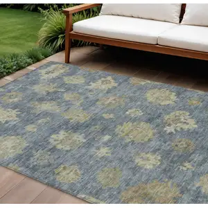 Photo of Blue And Beige Floral Washable Indoor Outdoor Area Rug