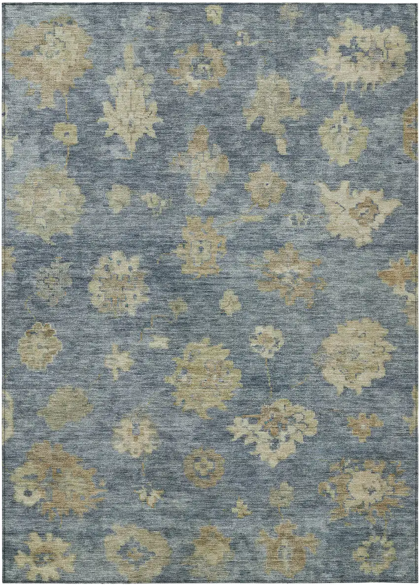 Blue And Beige Floral Washable Indoor Outdoor Area Rug Photo 2