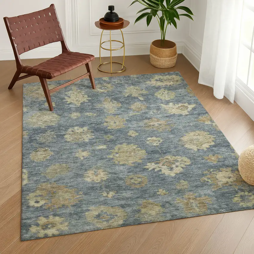 Blue And Beige Floral Washable Indoor Outdoor Area Rug Photo 9
