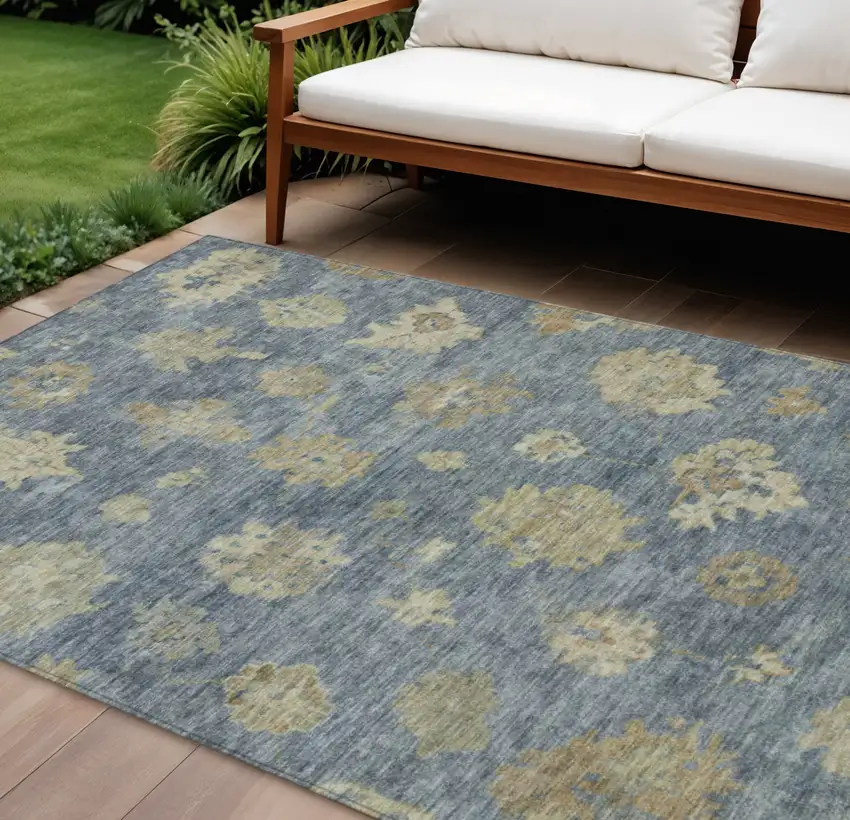 Blue And Beige Floral Washable Indoor Outdoor Area Rug Photo 1