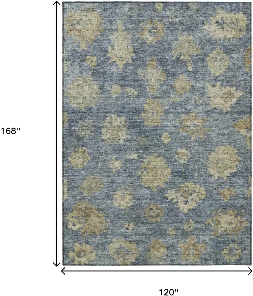 Blue And Beige Floral Washable Indoor Outdoor Area Rug Photo 3