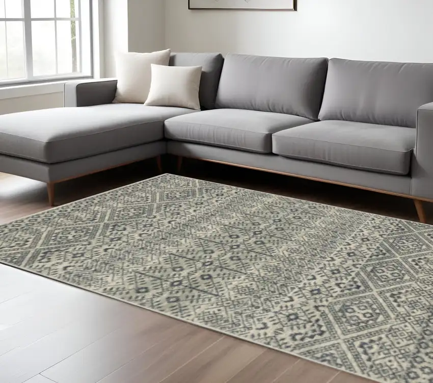 Blue And Beige Geometric Power Loom Stain Resistant Area Rug Photo 1