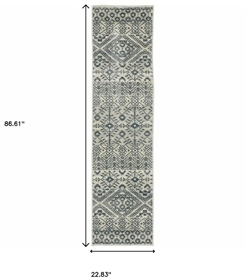 Blue And Beige Geometric Power Loom Stain Resistant Runner Rug Photo 9