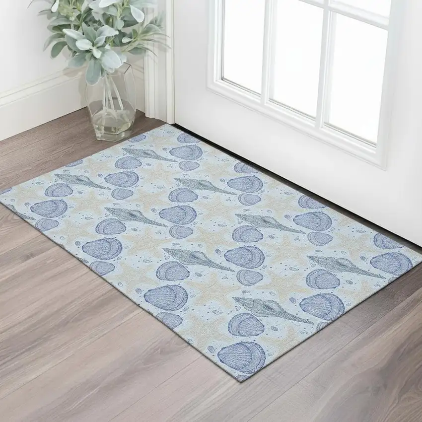 Blue And Beige Geometric Washable Area Rug With UV Protection Photo 1