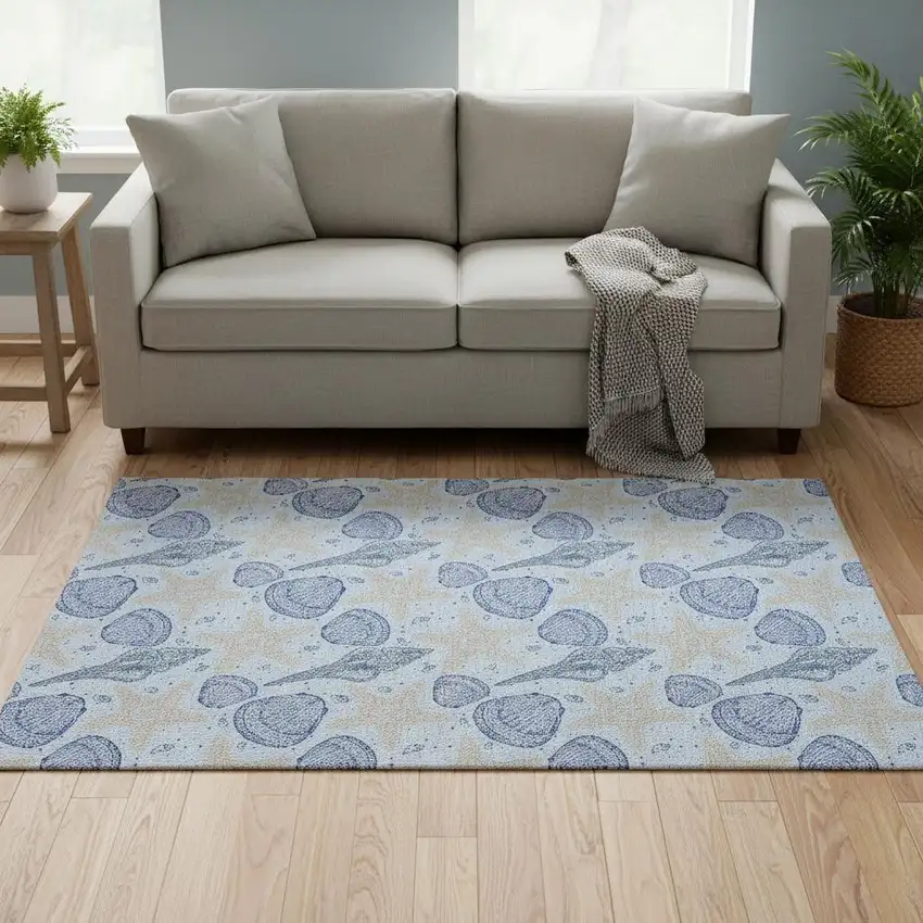 Blue And Beige Geometric Washable Area Rug With UV Protection Photo 1