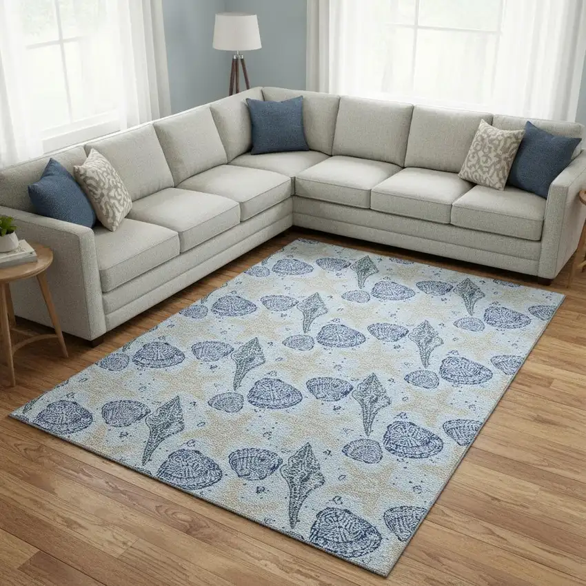 Blue And Beige Geometric Washable Area Rug With UV Protection Photo 1