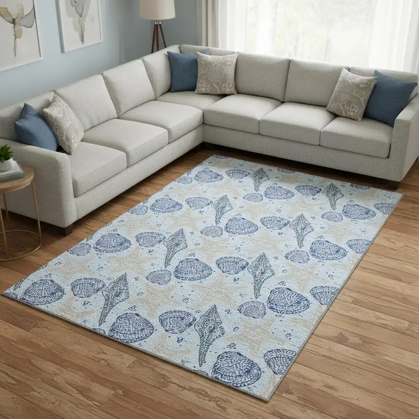 Blue And Beige Geometric Washable Area Rug With UV Protection Photo 1